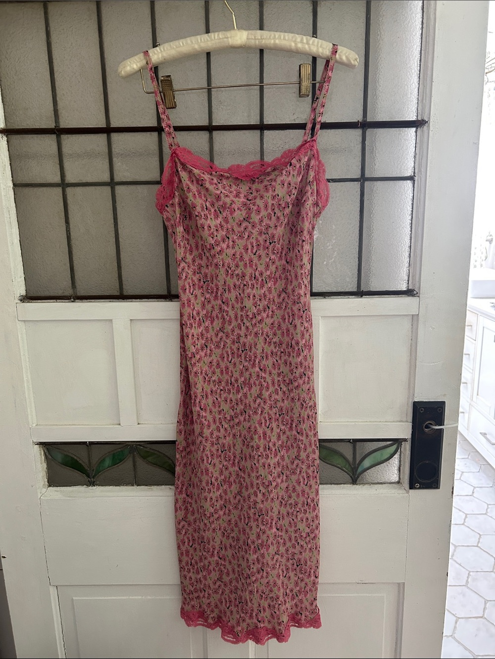 Vintage Betsey Johnson Pink Floral Lace-Trim Slip dress